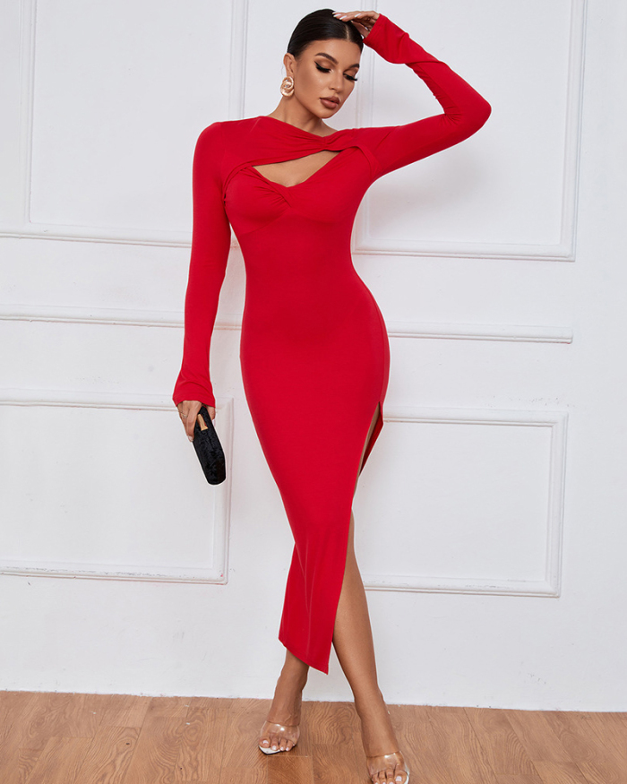 Long Sleeve Red Black Hollow Out Dress S-XL