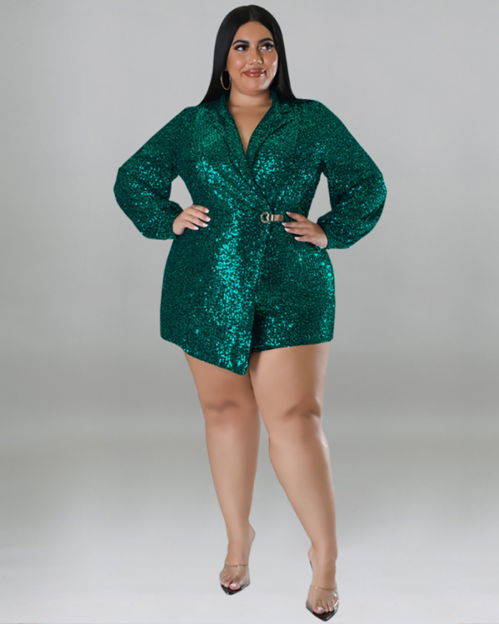 Long Sleeve Sequined Lapel Suit Shorts Plus Size Romper Black Red Blue Green Grey XL-5XL