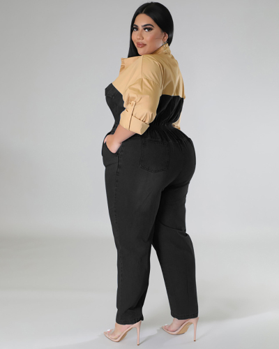 Women Long Sleeve Lapel Jean Colorblack Plus Size Jumpsuit Black Blue L-5XL