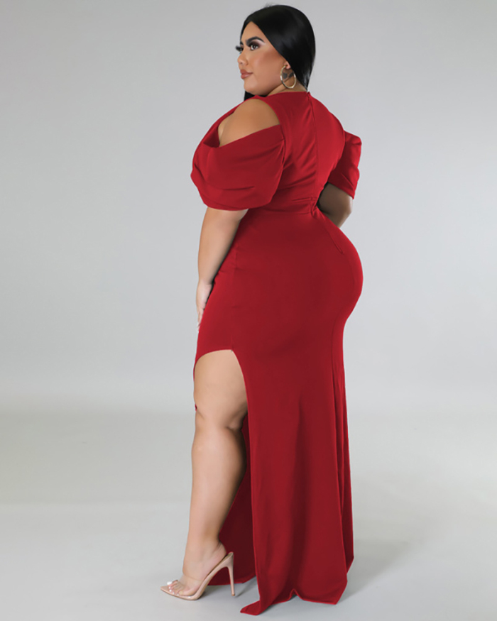 Women Off Shoulder Deep V Neck High Side Slit Plus Size Dresses Maxi Dress Red Blue Rosy Green Black XL-5XL