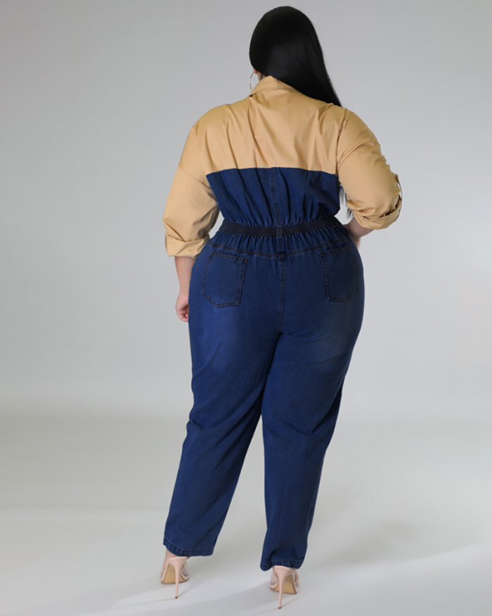 Women Long Sleeve Lapel Jean Colorblack Plus Size Jumpsuit Black Blue L-5XL