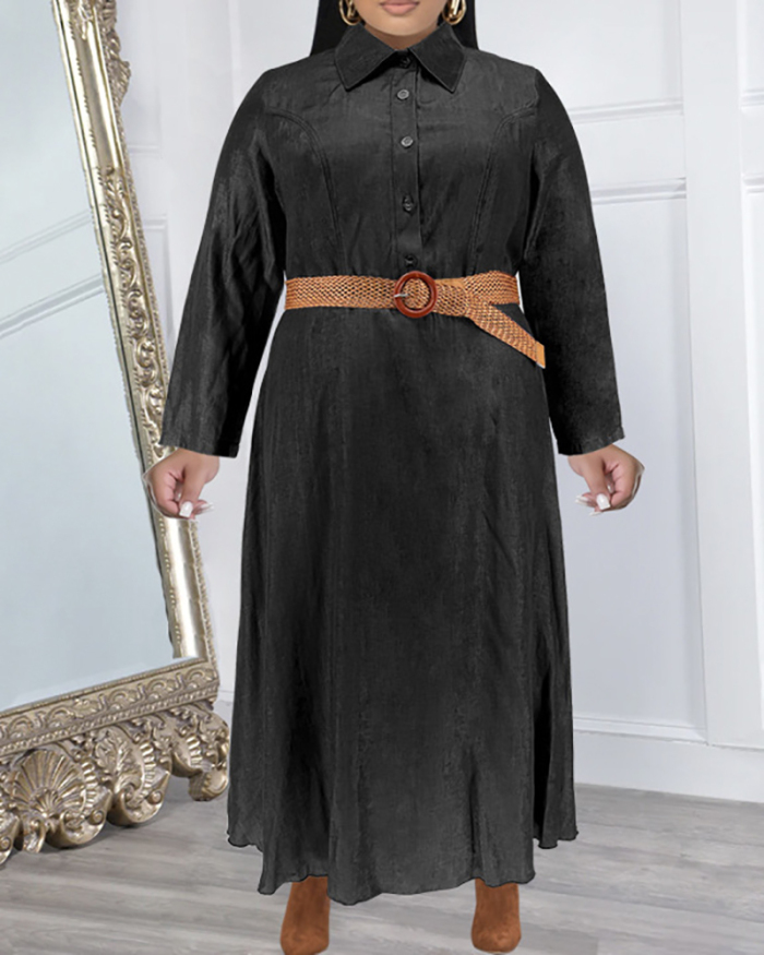 Women Long Sleeve Lapel Solid Color Plus Size Dresses Royal Blue Black Brown XL-5XL