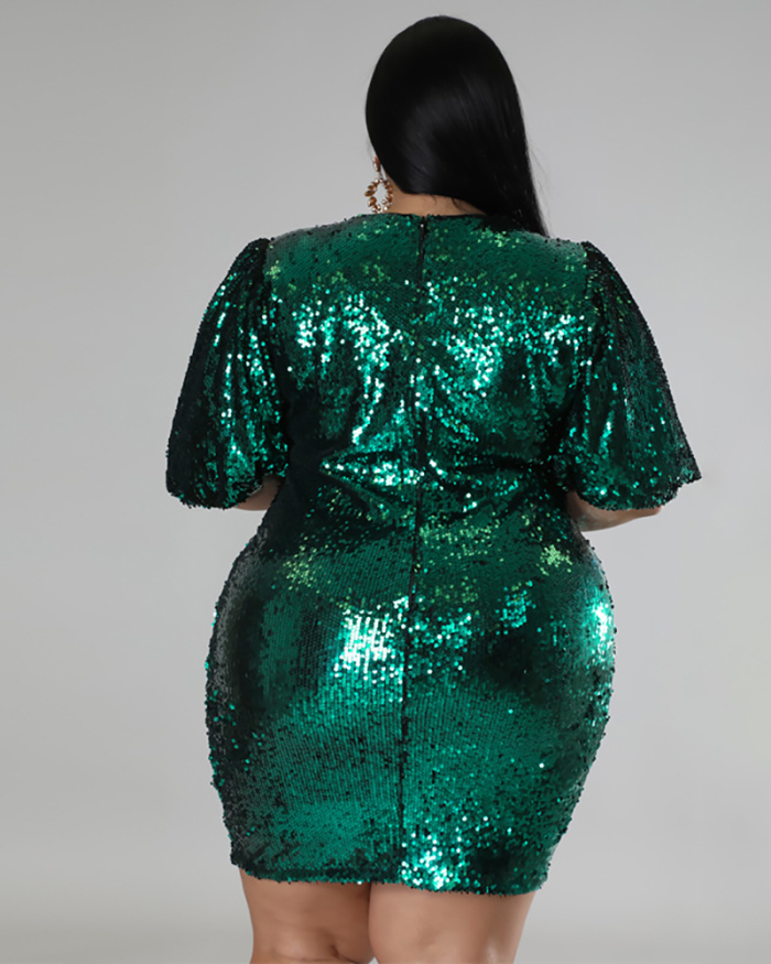 Woman Short Sleeve O Neck Sequin Party Evening Dress Plus Size Dresses Green Red Blue Gold Black XL-5XL
