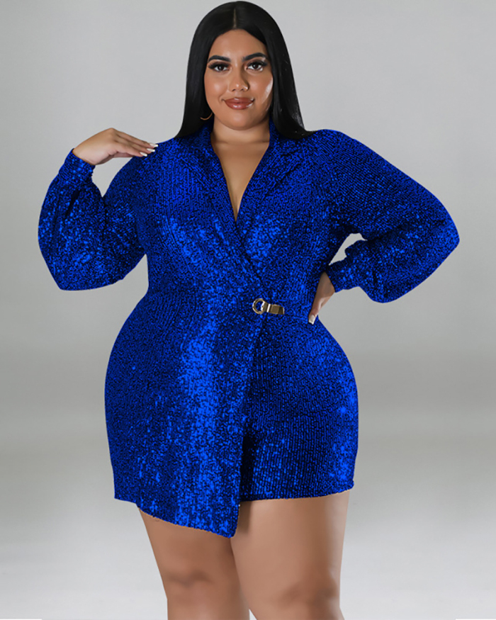 Long Sleeve Sequined Lapel Suit Shorts Plus Size Romper Black Red Blue Green Grey XL-5XL