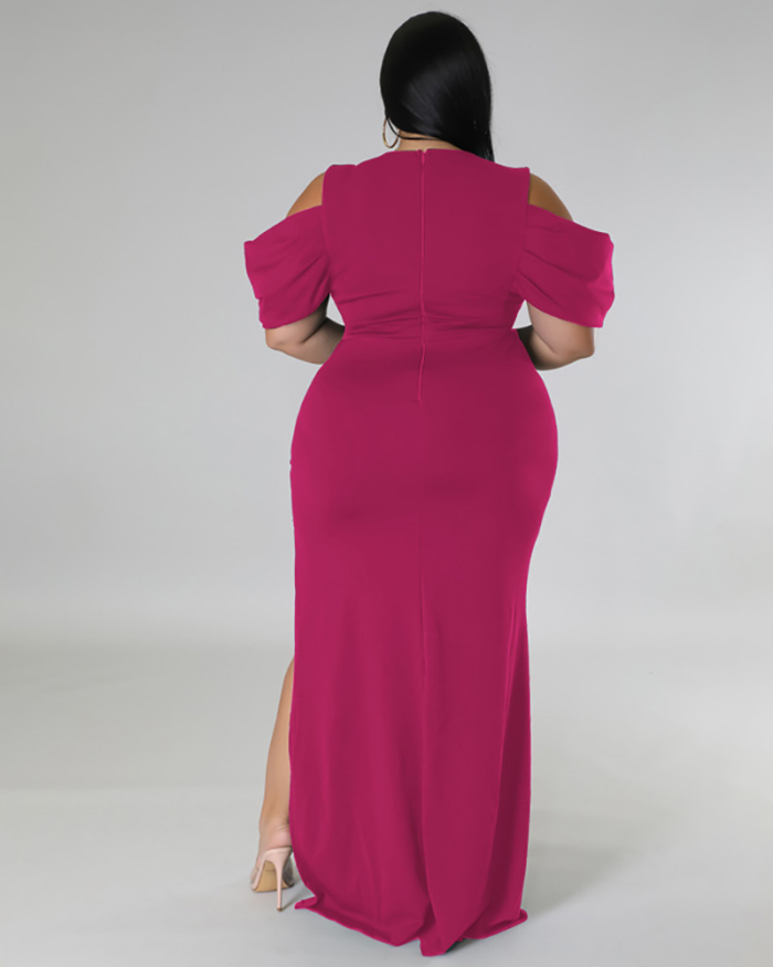 Women Off Shoulder Deep V Neck High Side Slit Plus Size Dresses Maxi Dress Red Blue Rosy Green Black XL-5XL