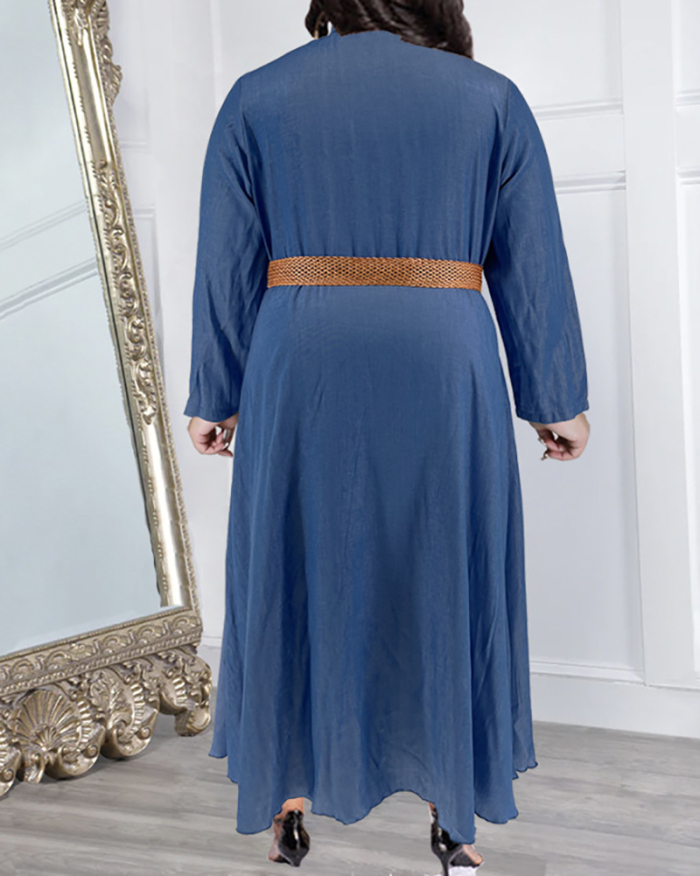 Women Long Sleeve Lapel Solid Color Plus Size Dresses Royal Blue Black Brown XL-5XL