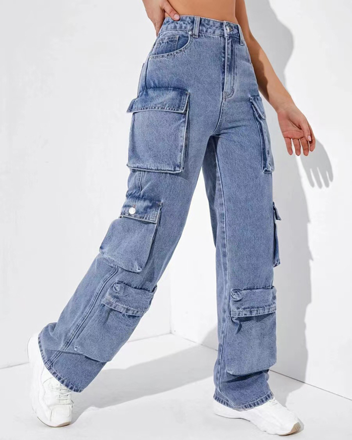 Y2K Style Jean Blue Wholesale Pockets High Waist Pants S-2XL