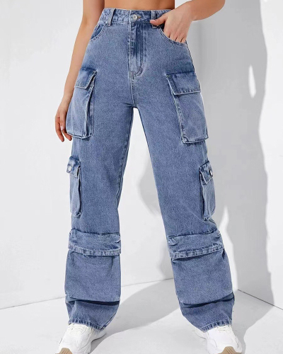 Y2K Style Jean Blue Wholesale Pockets High Waist Pants S-2XL