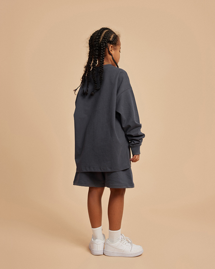 Kids Cotton 305G Loose Long Sleeve Sweatshirt Solid Color Loose Shorts S-2XL