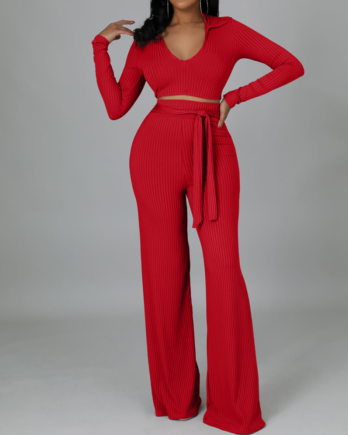 Long Sleeve V-neck Autumn Two Piece Pant Outfits S-XXL