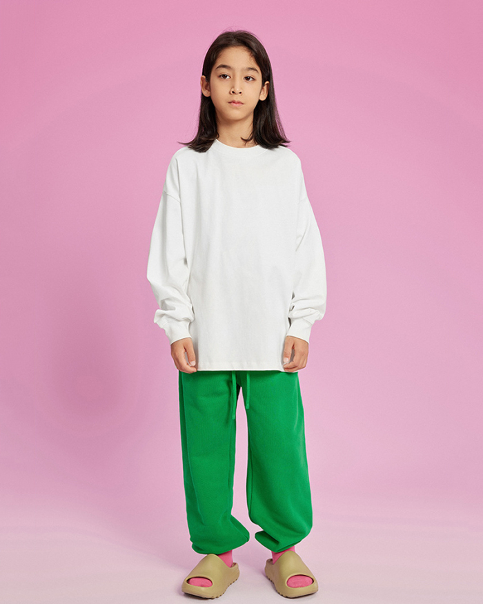 Kids Cotton 305G Loose Long Sleeve Sweatshirt Solid Color Loose Shorts S-2XL