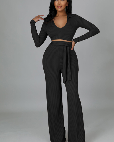 Long Sleeve V-neck Autumn Two Piece Pant Outfits S-XXL