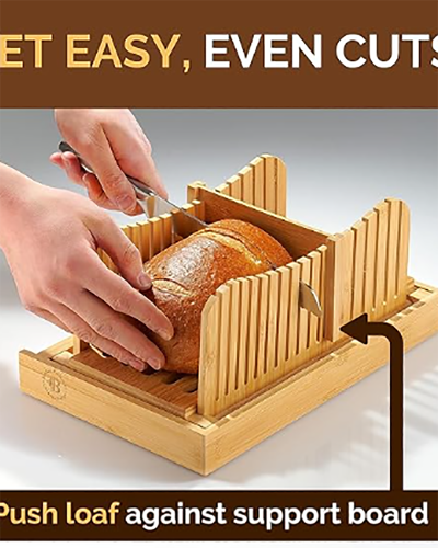 Bamboo Bread Slicer with Knife - 3 Slice Thickness, Foldable Compact Cutting Guide with Crumb Tray, Stainless Steel Bread Knife for Homemade Bread