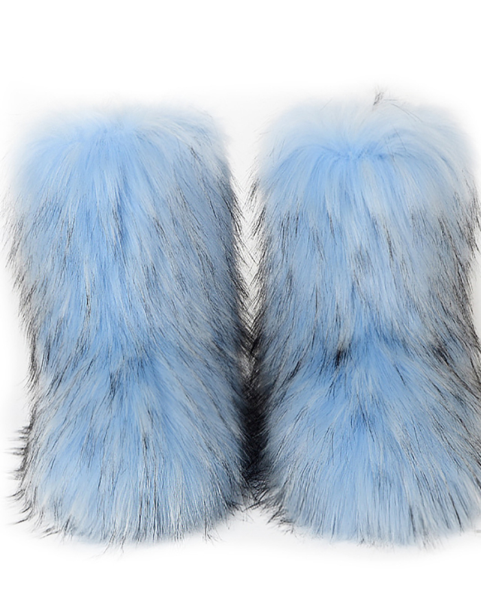 Faux Fox Raccoon Fur Boots for Women Fuzzy Fluffy Furry Round Toe Suede Winter Comfy Plush Warm Short Snow Bootie Flat Shoes Mid-Calf Boots Outdoor Indoor