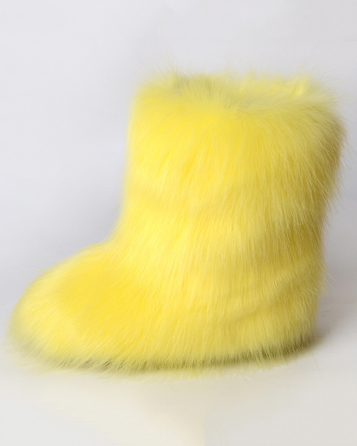 Faux Fox Raccoon Fur Boots for Women Fuzzy Fluffy Furry Round Toe Suede Winter Comfy Plush Warm Short Snow Bootie Flat Shoes Mid-Calf Boots Outdoor Indoor