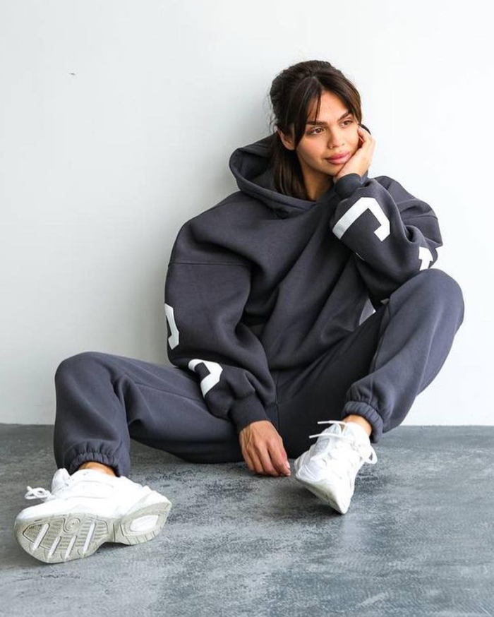 Woman Long Sleeve Chicago Hoodies Losse Casual Pants Sets Two Pieces Outfit Gray Apricot Blue Coffee S-L