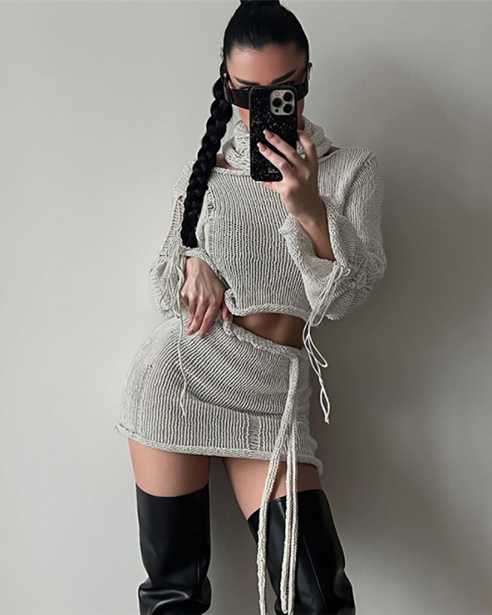 Grey Knitted Wholesale Skirt Set S-L