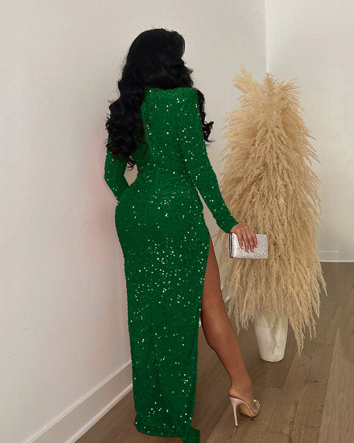 Fashion Lace Sequin High Slit Long Sleeve Sexy Party Evening Dress Black Green Red Blue S-2XL