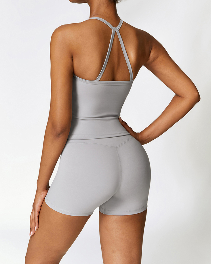 Women Solid Color Cirss Back Strap Vest High Waist Sports Shorts Two Piece Active Wear S-XL