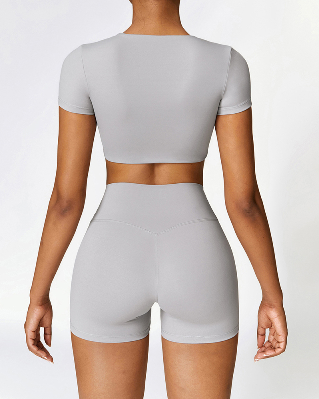Women Short Sleeve Solid Color Yoga Two-piece Shorts Set S-XL