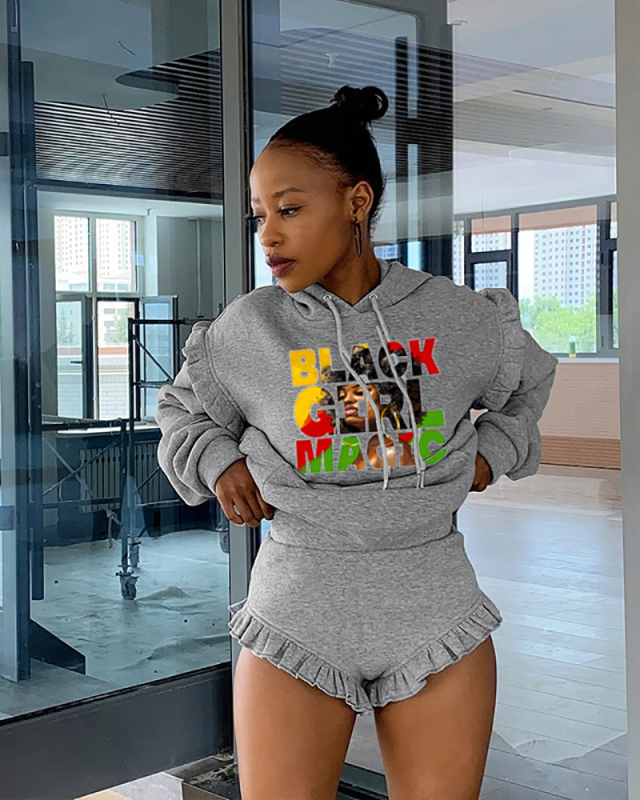 Grey Letter Printed Fashion Two Piece Short Set S-XXL