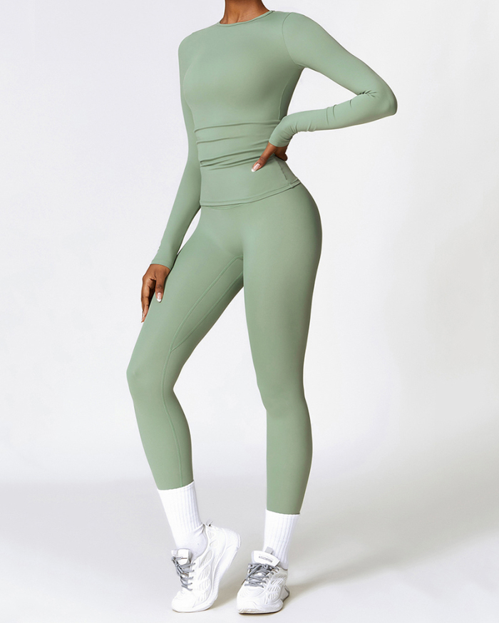 Women Long Sleeve Solid Color Sports Top High Waist Pants Yoga Two-piece Sets S-XL