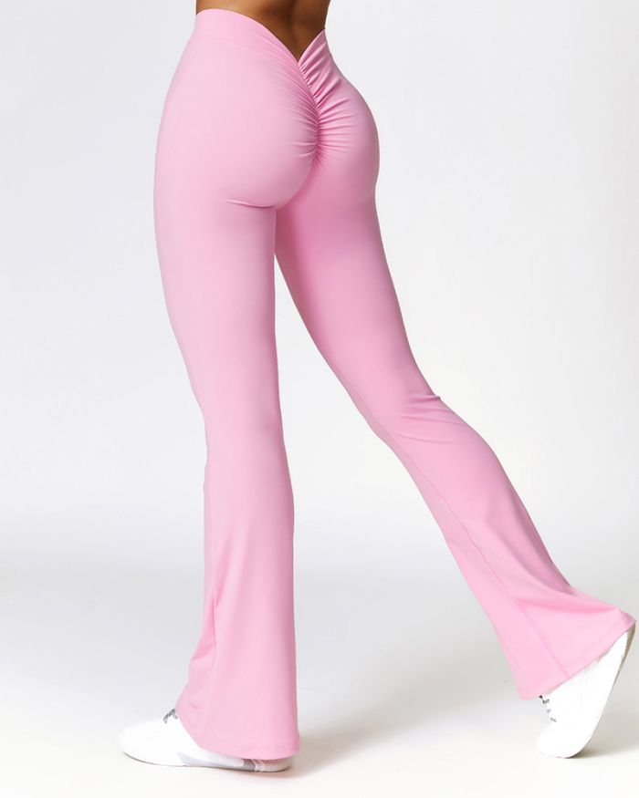 Women High Waist Push Ruched Hip Lifts Line Wide Leg Yoga Pants Black Gray Pink Brown Blue S-XL