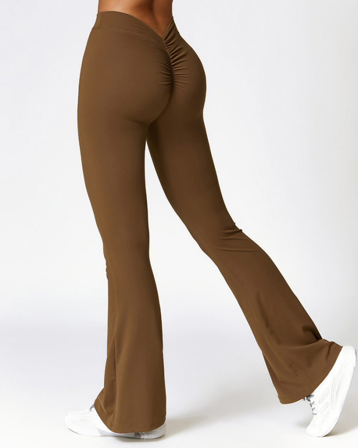 Women High Waist Push Ruched Hip Lifts Line Wide Leg Yoga Pants Black Gray Pink Brown Blue S-XL
