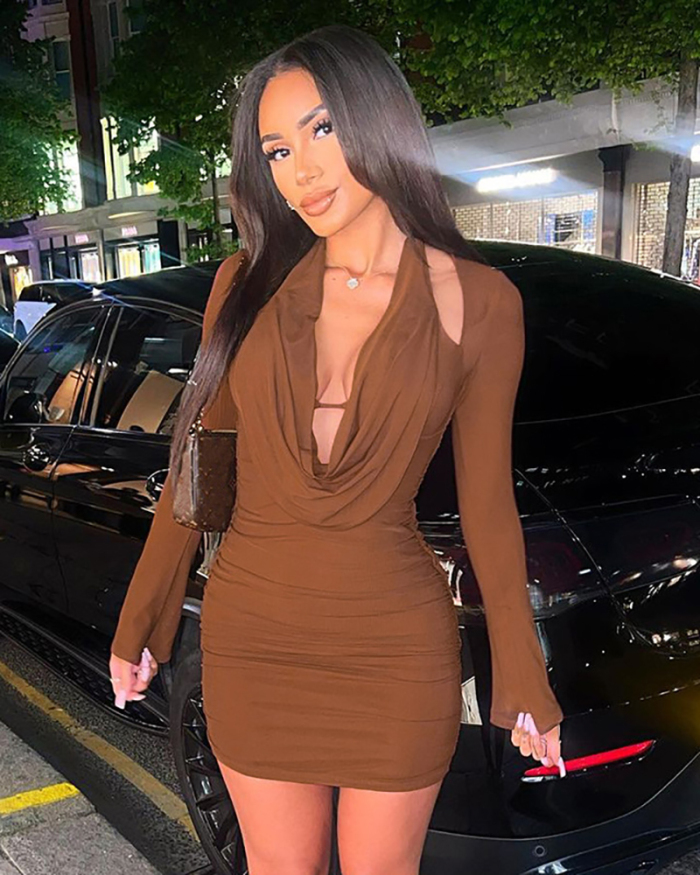 Popular Long Sleeve V-Neck Bodycon One-piece Dress Brown S-L
