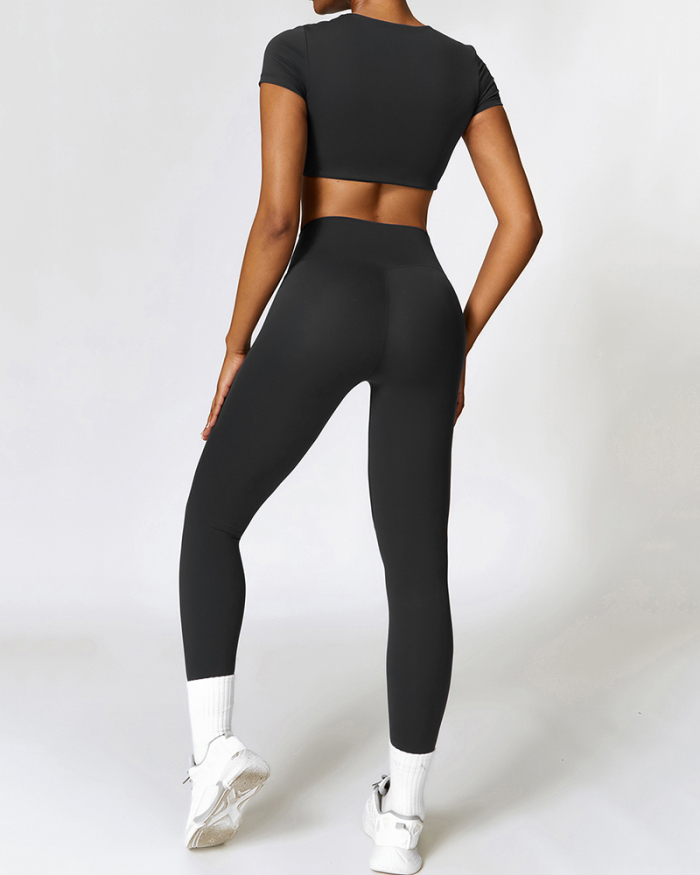 Fitness Women Short Sleeve Crop Top Yoga Two-piece Pants Set S-XL