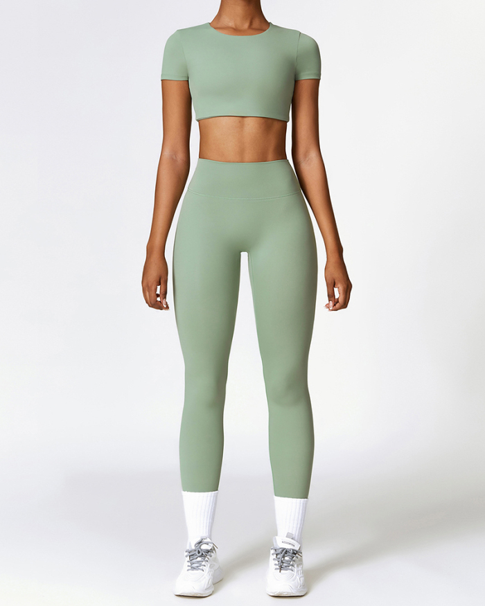 Fitness Women Short Sleeve Crop Top Yoga Two-piece Pants Set S-XL
