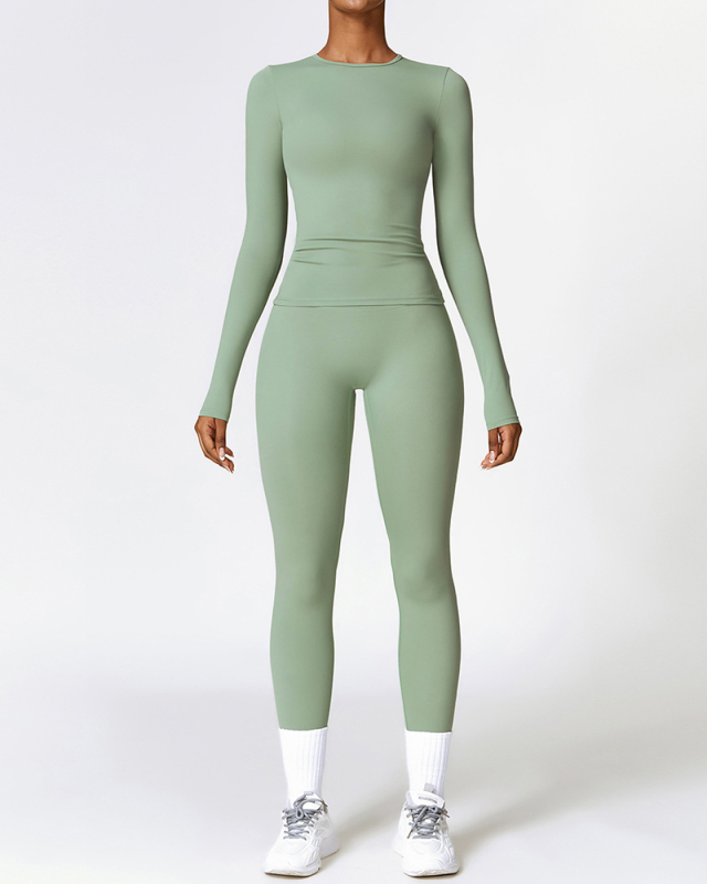 Women Long Sleeve Solid Color Sports Top High Waist Pants Yoga Two-piece Sets S-XL