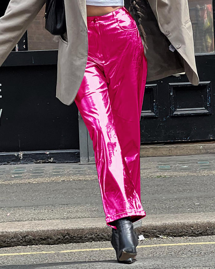 Women PU Slim Elastic Straght Pants Green Silver Pink Rosy S-L