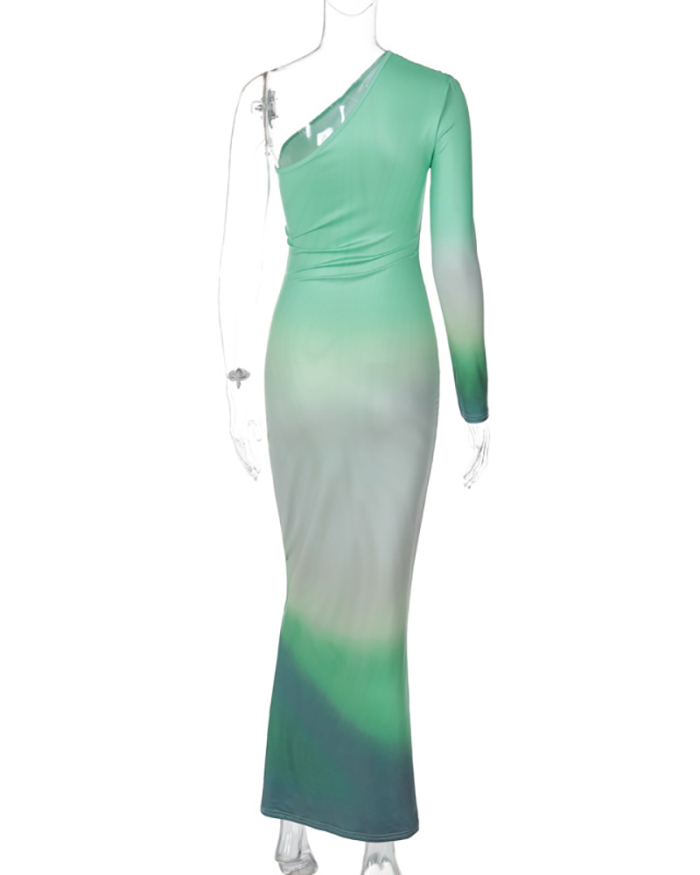 Women One Sleeve Gradient Printed Slim Maxi Dress Green S-L