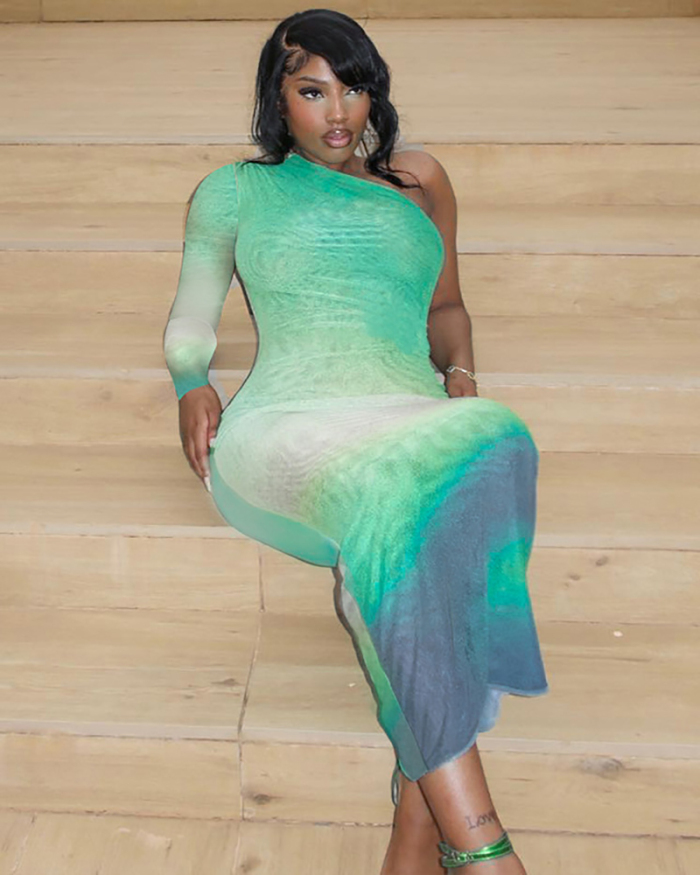 Women One Sleeve Gradient Printed Slim Maxi Dress Green S-L
