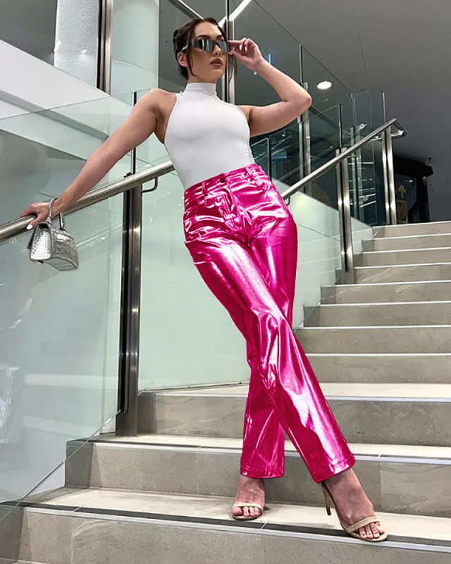 Women PU Slim Elastic Straght Pants Green Silver Pink Rosy S-L