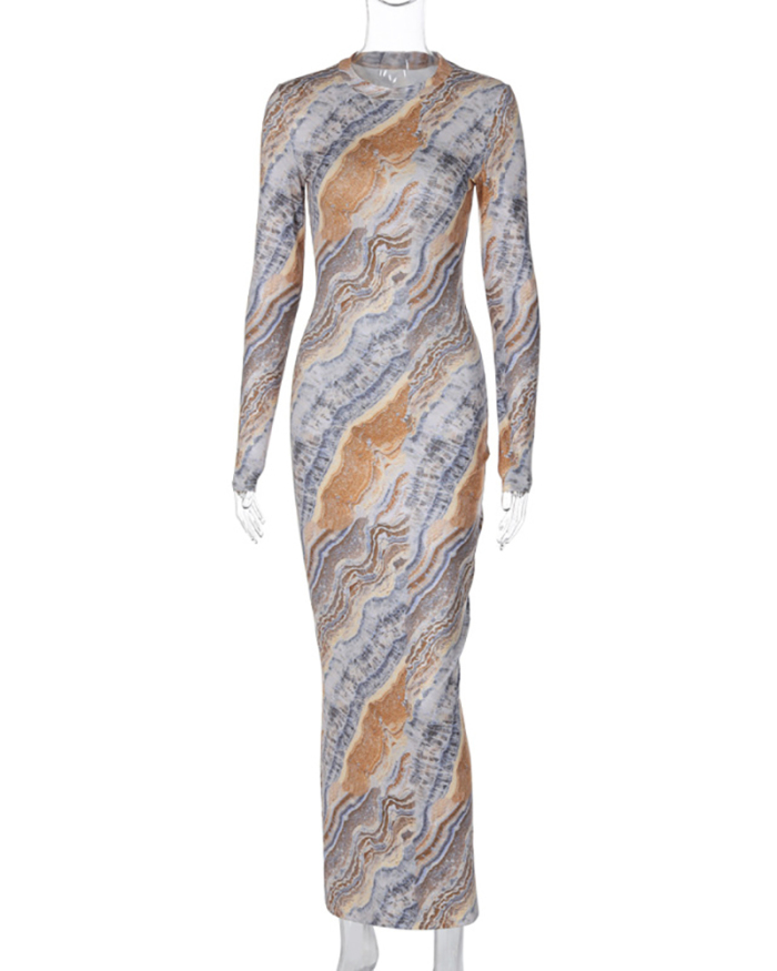 Women Trendy Fall Printed Long Sleeve Maxi Dress Coffee S-L