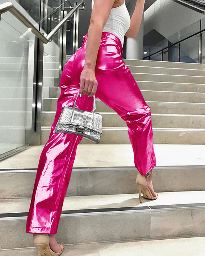 Women PU Slim Elastic Straght Pants Green Silver Pink Rosy S-L