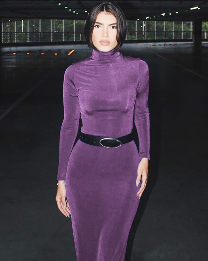 New Long Sleeve High Neck Side Silt Slim Bodycon Dress Blue Purple S-L