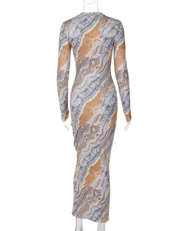 Women Trendy Fall Printed Long Sleeve Maxi Dress Coffee S-L