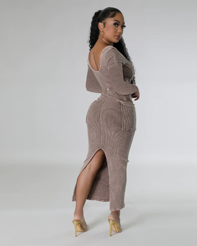 Square Neck Long Sleeve Long Casual Dress S-XXL