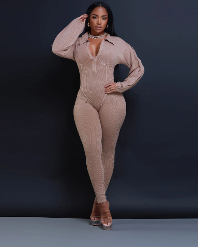 Long Sleeve V-neck Wholesale Winter Jumpsuit S-2XL