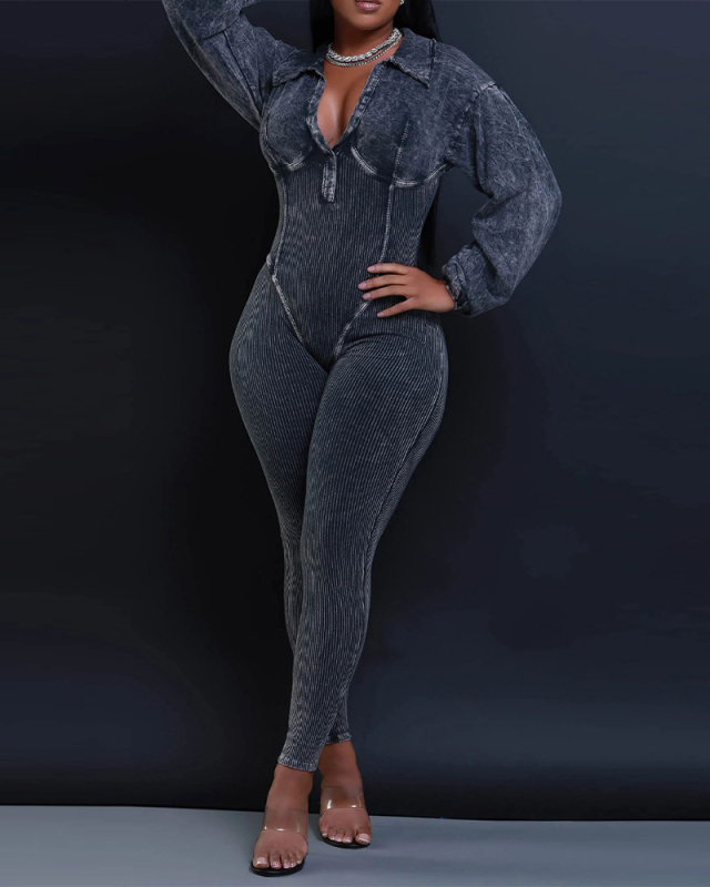 Long Sleeve V-neck Wholesale Winter Jumpsuit S-2XL