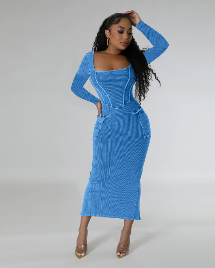 Square Neck Long Sleeve Long Casual Dress S-XXL