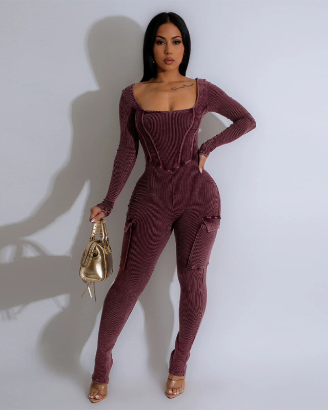 Square Neck Long Sleeve Women New Hot Jumpsuit S-2XL