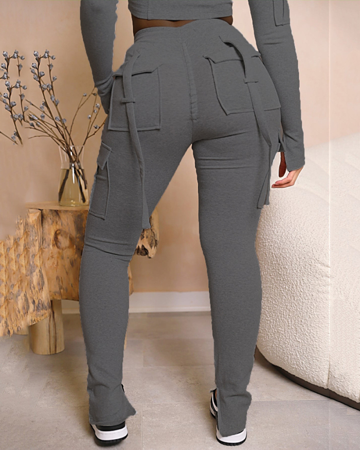Fashion Women Cargo Pants Pocket Drawsting Pants Gray Black Pink S-2XL