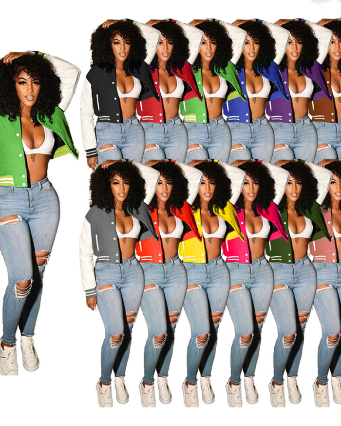 Top Sale Women Colorblock Long Sleeve Button Baseball Jackets S-2XL