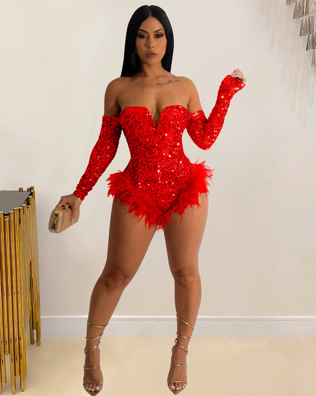 Red Sequin Women Fashion Bodysuit S-XXL