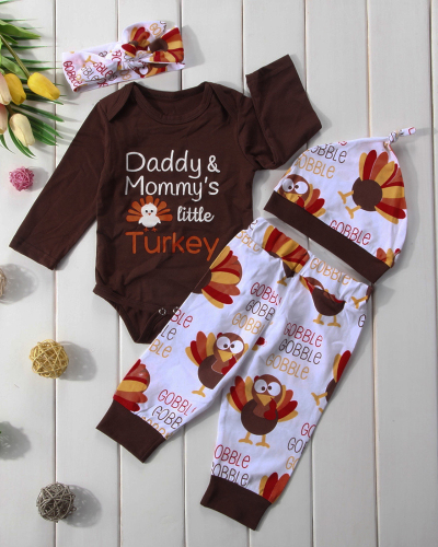 Baby's Turkey Printed Thanksgiving Pajamas White Brown 70cm-100cm