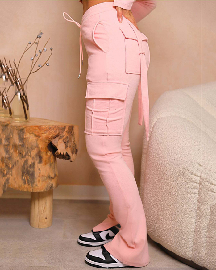 Fashion Women Cargo Pants Pocket Drawsting Pants Gray Black Pink S-2XL